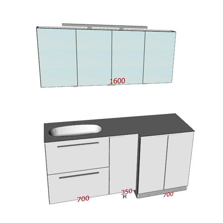 Badplanung mit Waschtisch 175 cm und Unterschrank für Waschmaschine, Spiegelschrank.