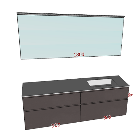 Badplanung mit Waschtisch 180 cm, Waschbecken rechts, Badspiegel auf Maß 190 cm, Badmöbel mit Schubladen.