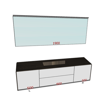 Badplanung Waschtisch 190 cm, Waschbecken mittig, Schubladen, Türen, Wandspiegel 190 cm.