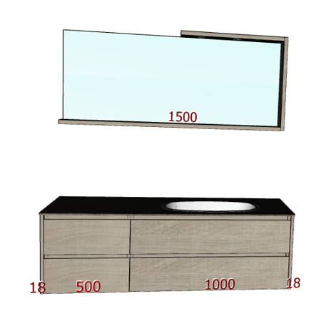 Badplanung Waschtisch 150 cm, Schubladen, Waschbecken rechts, Spiegel mit Bord.