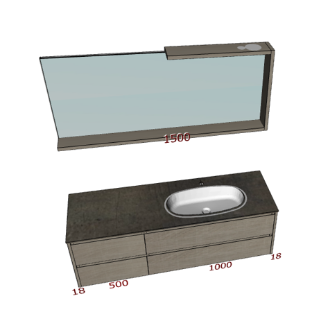 Badplanung Waschtisch 150 cm, Schubladen, Waschbecken rechts, Spiegel mit Bord.