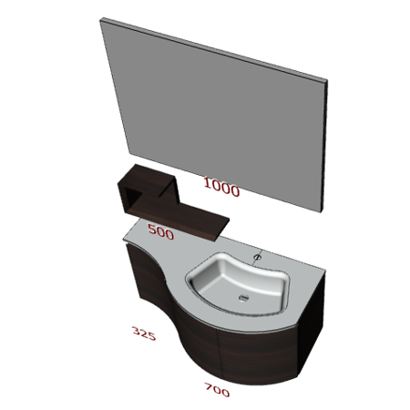 Badplanung geschwungener Waschtisch 120 cm, Waschbecken rechts, Schubladen, Türen.