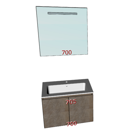 Badplanung mit Mineralguss-Waschtisch 70 cm mit Türe und Badezimmerspiegel 70 cm.