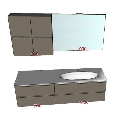 Badplanung mit Waschtisch 170 cm, Waschbecken rechts, Unterschrank mit Schubladen, Oberschrank mit Türen.