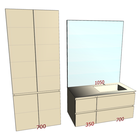 Badplanung mit Waschtisch 105 cm, Hochschrank, Unterschrank mit 4 Schubladen.