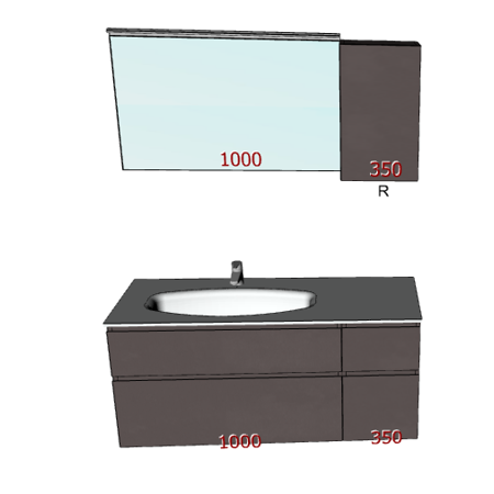 Badplanung mit Waschtisch 135 cm, Unterschrank mit Schubladen, Oberschrank mit Tür.