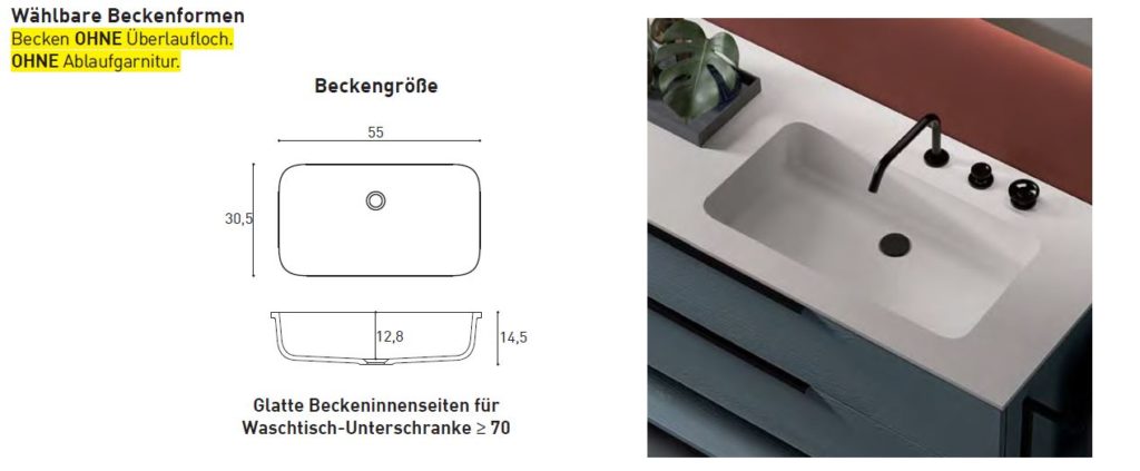 Waschbecken für Mineralguss-Waschtische LAVA