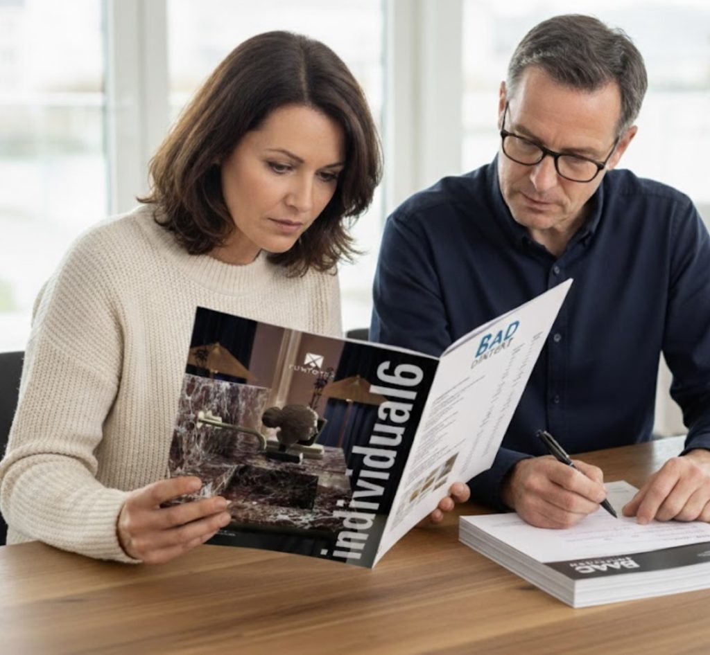 Paar studiert Katalog Preisliste Bad Direkt Individual